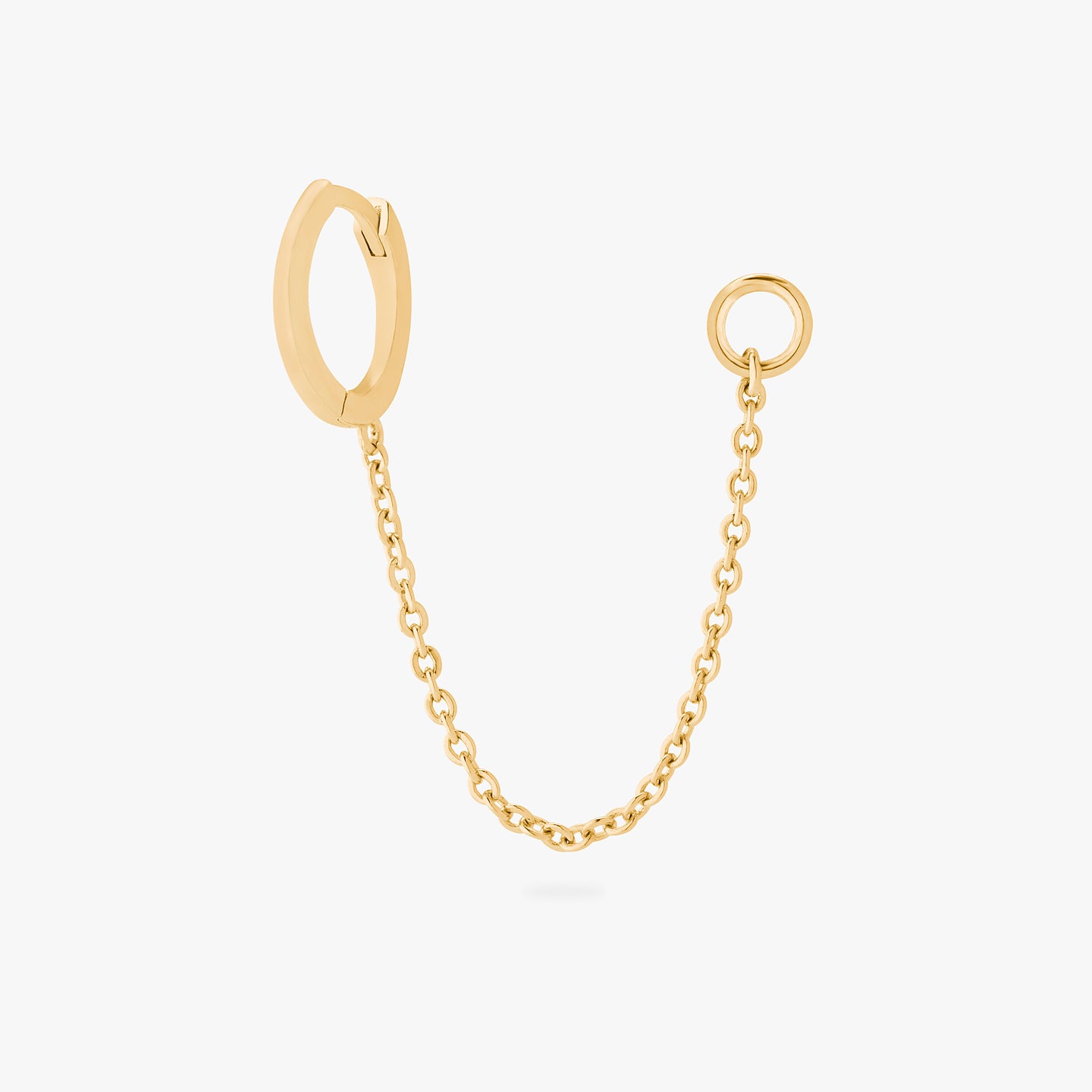 A gold small slim huggie with a connector chain with a 4mm open jump ring. color:null|gold