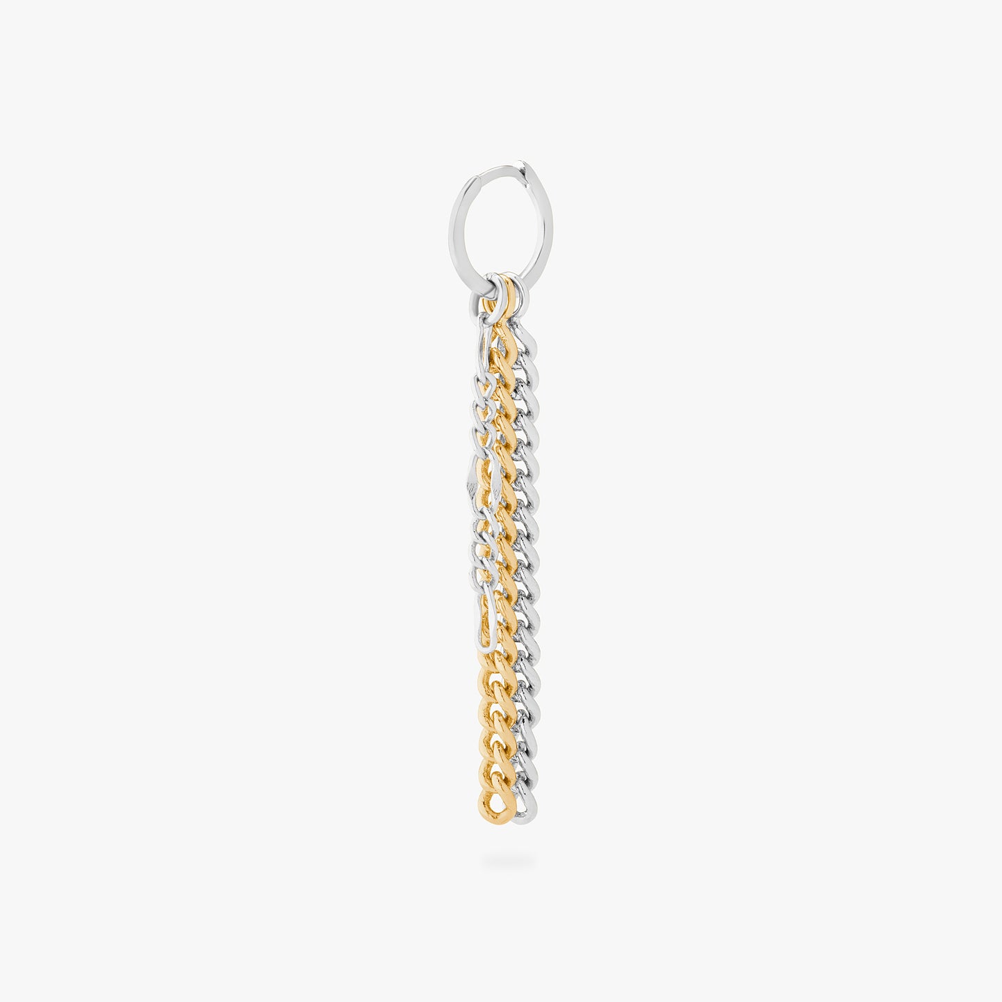 a silver small slim huggie with 2 silver chain charms and one gold chain charm color:null|silver