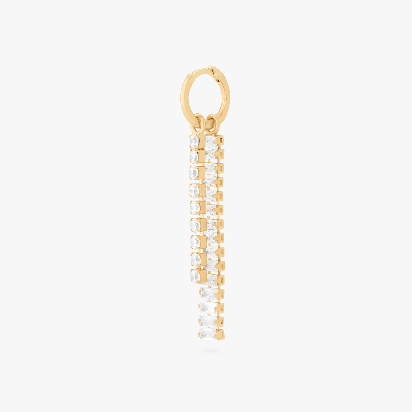 This is an image of a gold small slim huggie with a charm that consists of a string of gold/clear CZs, and a charm that consists of gold/clear baguette CZs. color:null|gold/clear