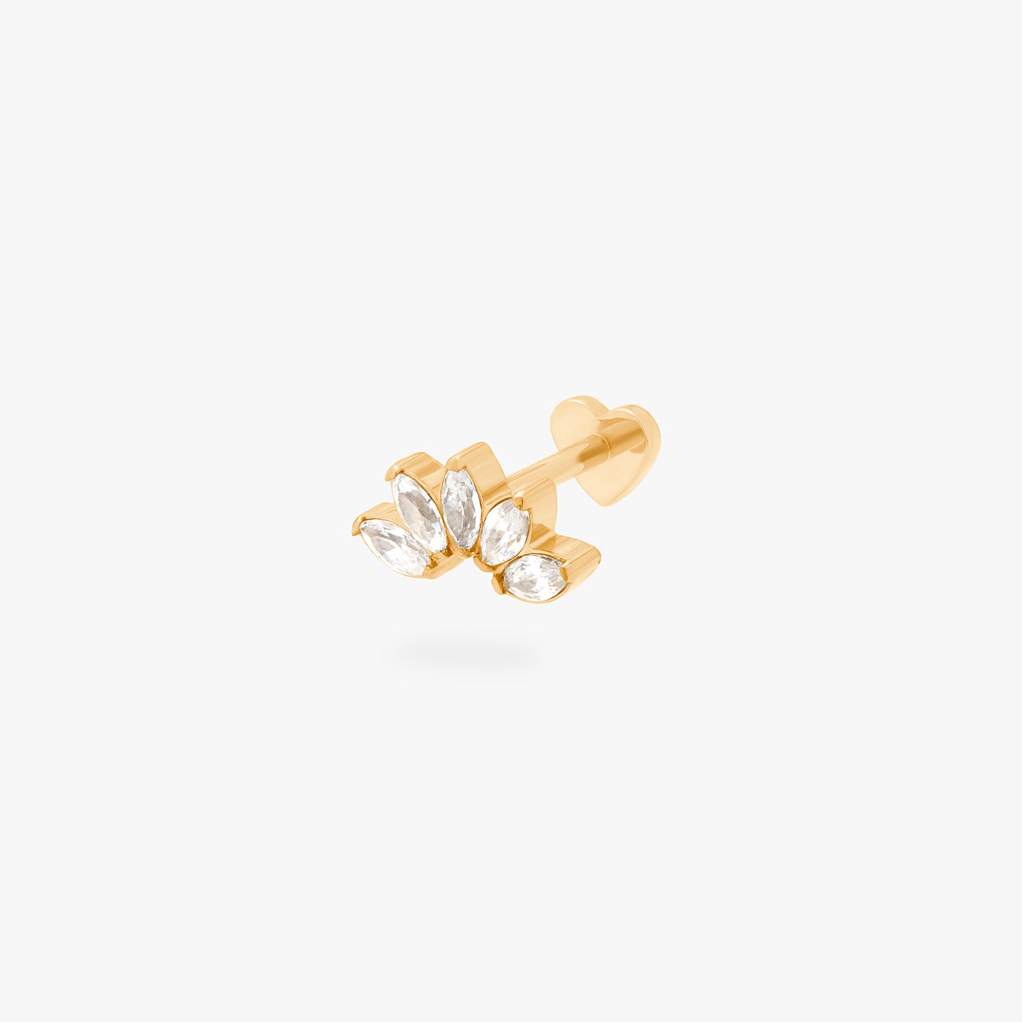 This is an image of a gold/clear crown shaped flatback top that has 5 marquise shaped CZs and a heart-shaped gold flatback post. color:null|gold/clear