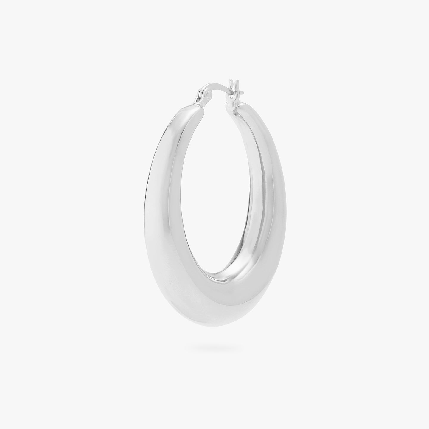 This is a silver, large, oval crescent shaped hoop. color:null|silver