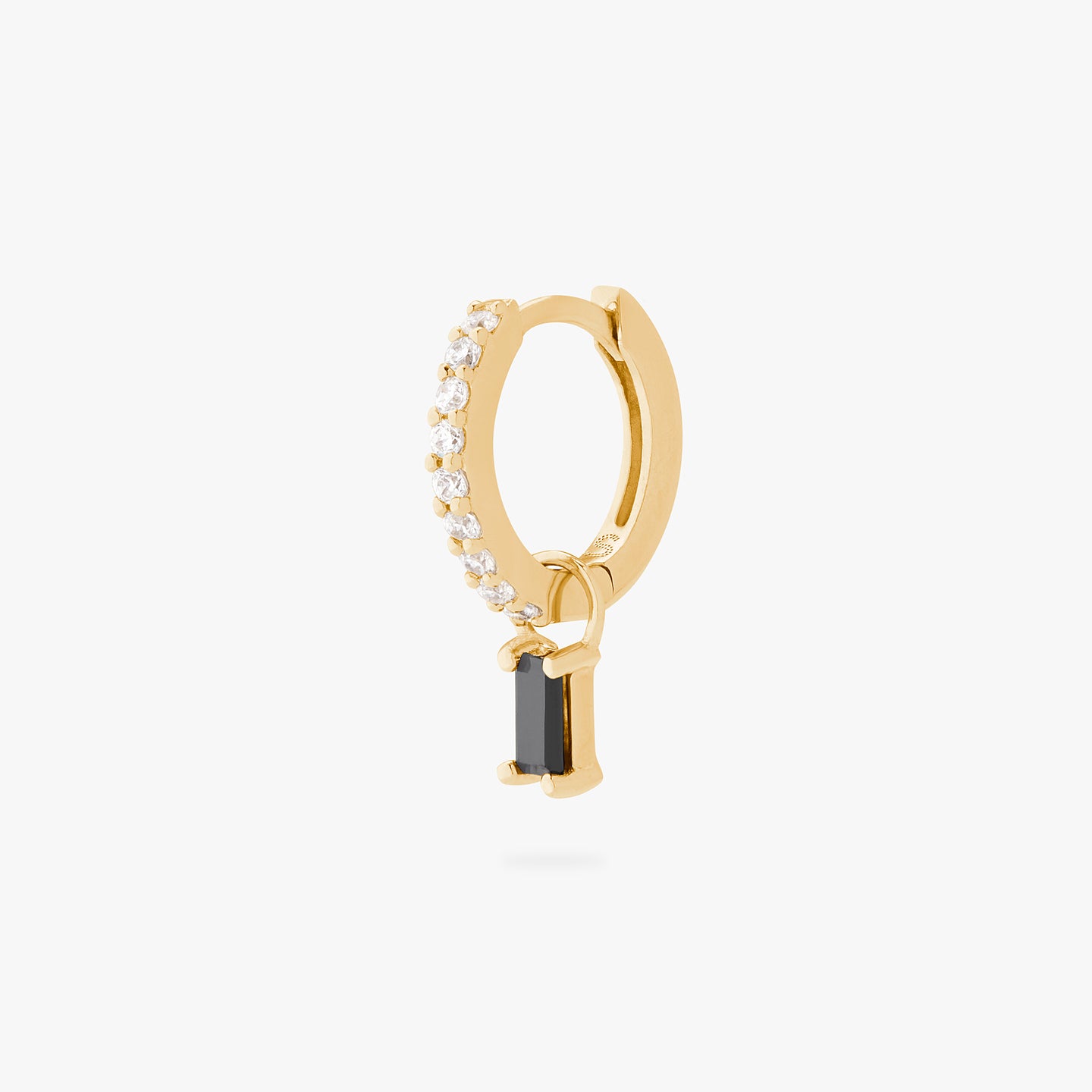 a gold/clear mini pave huggie with a black baguette stone charm color:null|gold/black