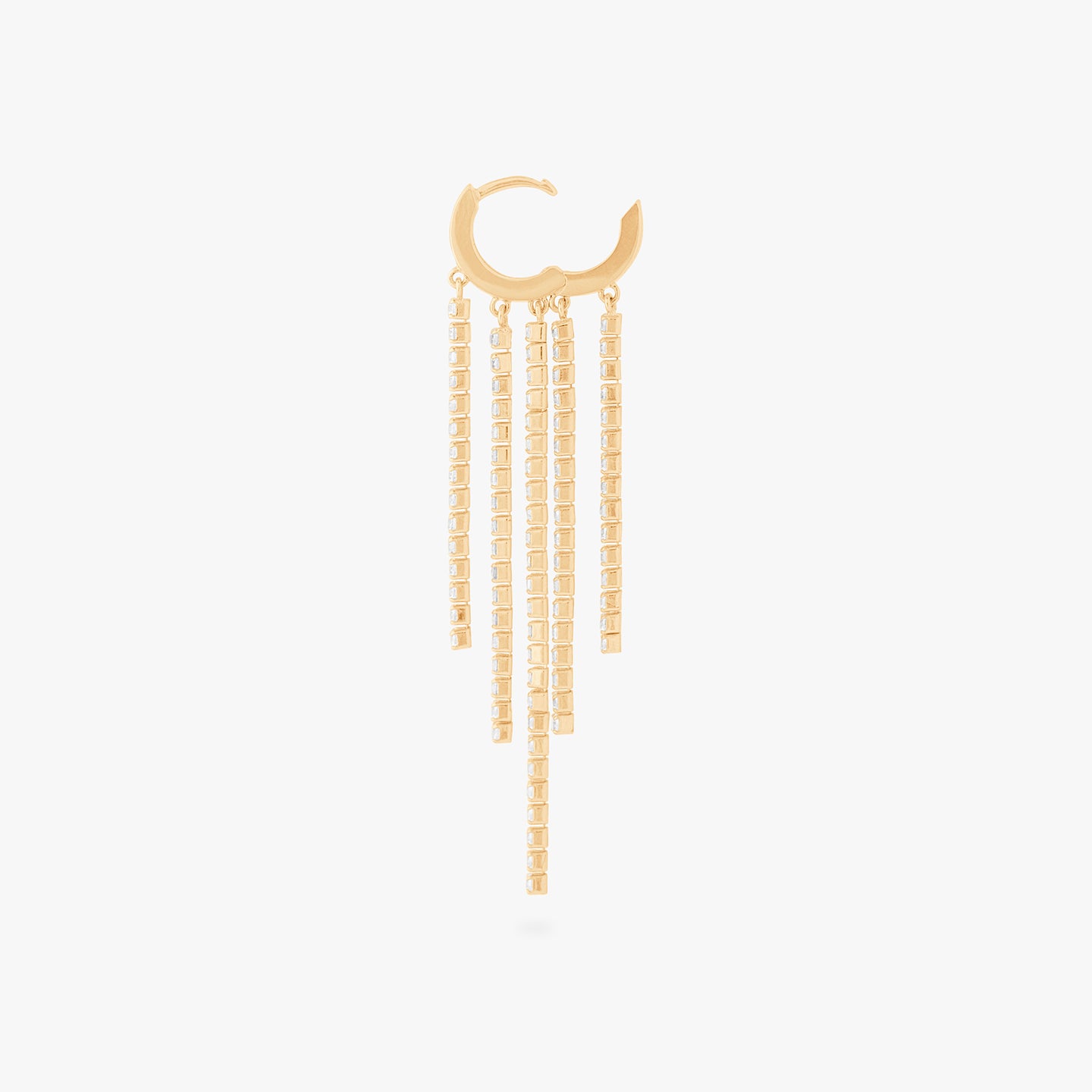 This is an image of a gold huggie that has gold/clear CZ strands dangling from it in a fringed pattern unhinged. color:null|gold/clear