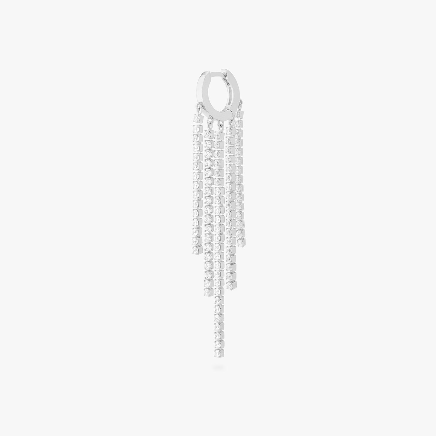 This is an image of a silver huggie that has silver/clear CZ strands dangling from it in a fringed pattern. color:null|silver/clear