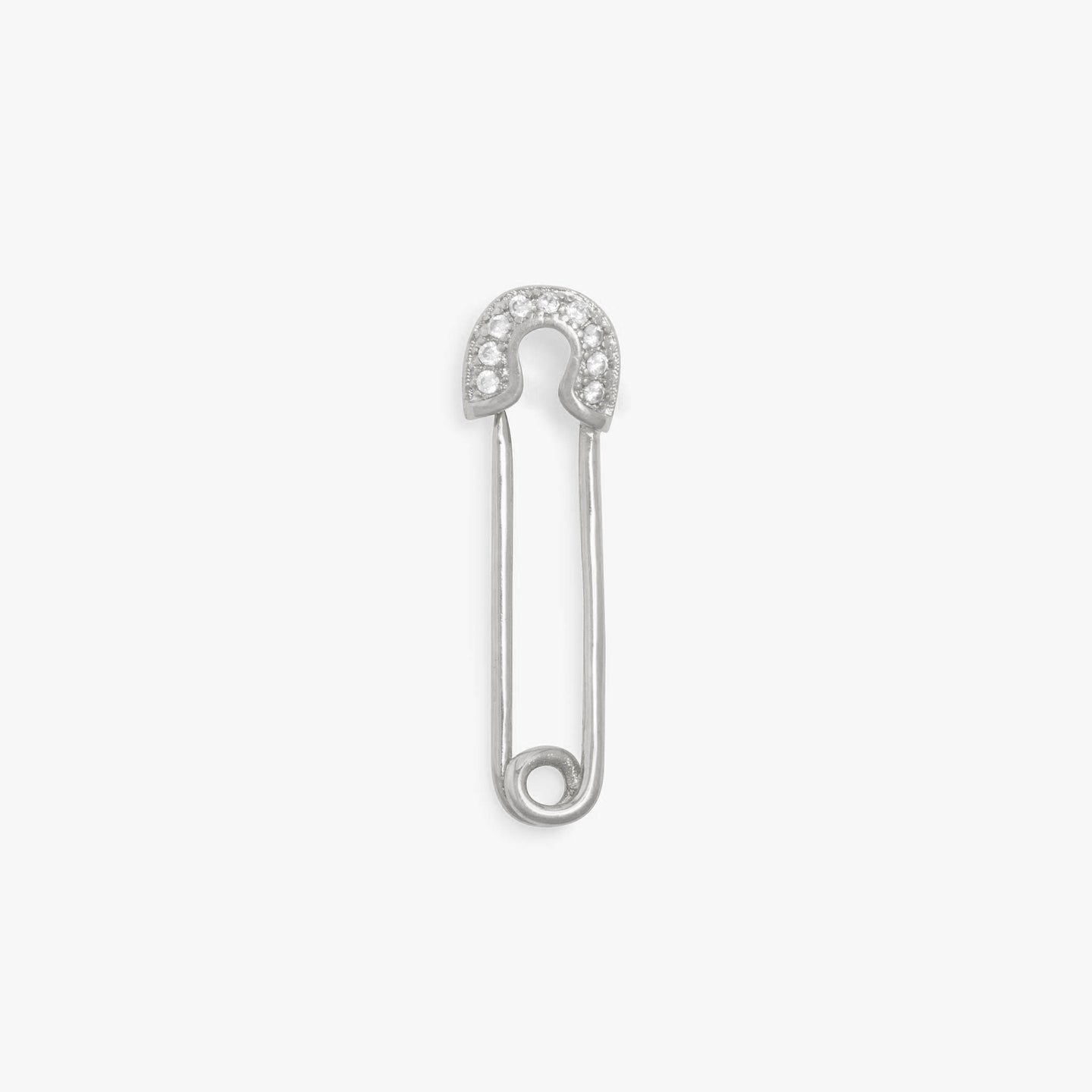 Small safety pin earring with CZ details. color:silver/clear