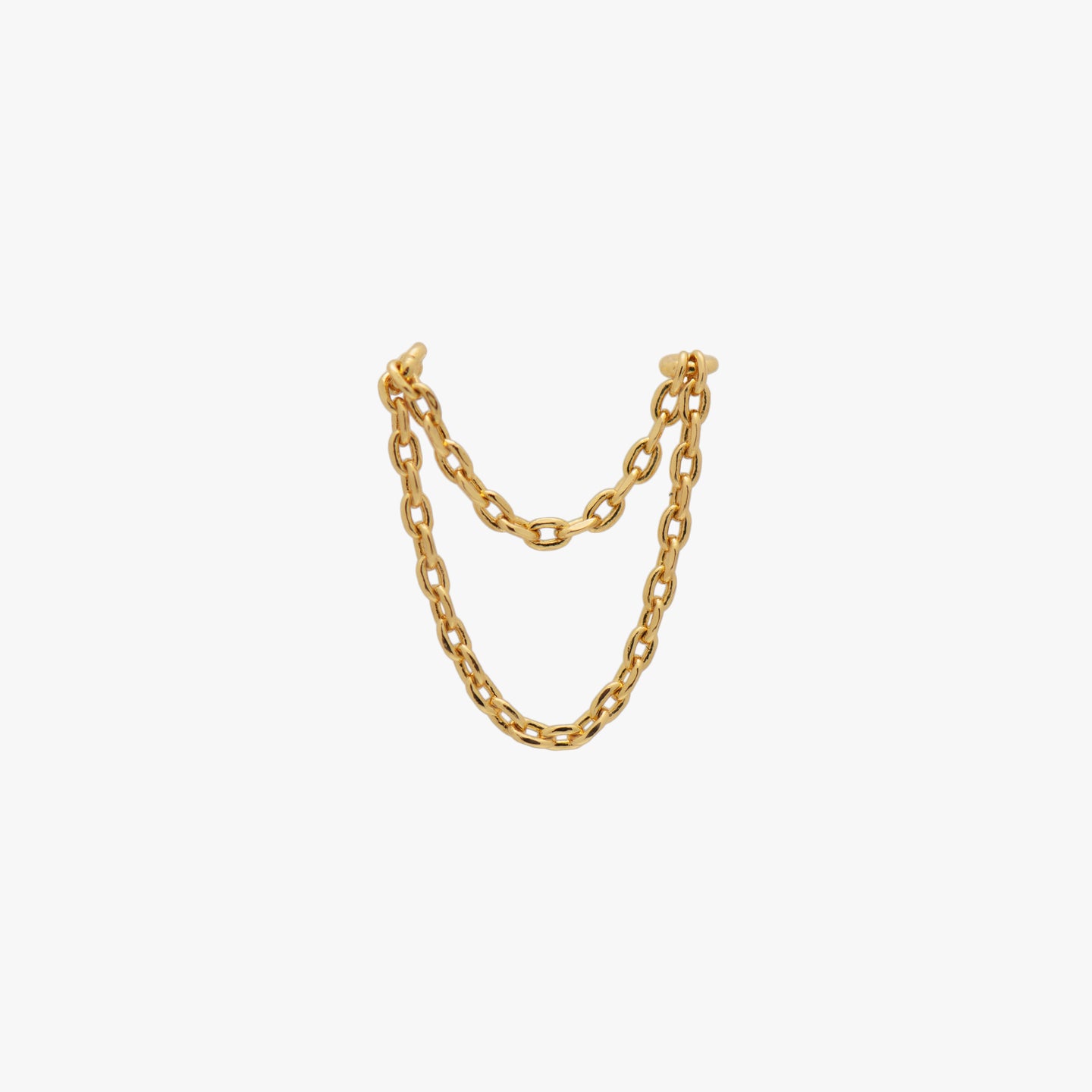 A gold double chain connector earring. color:null|gold