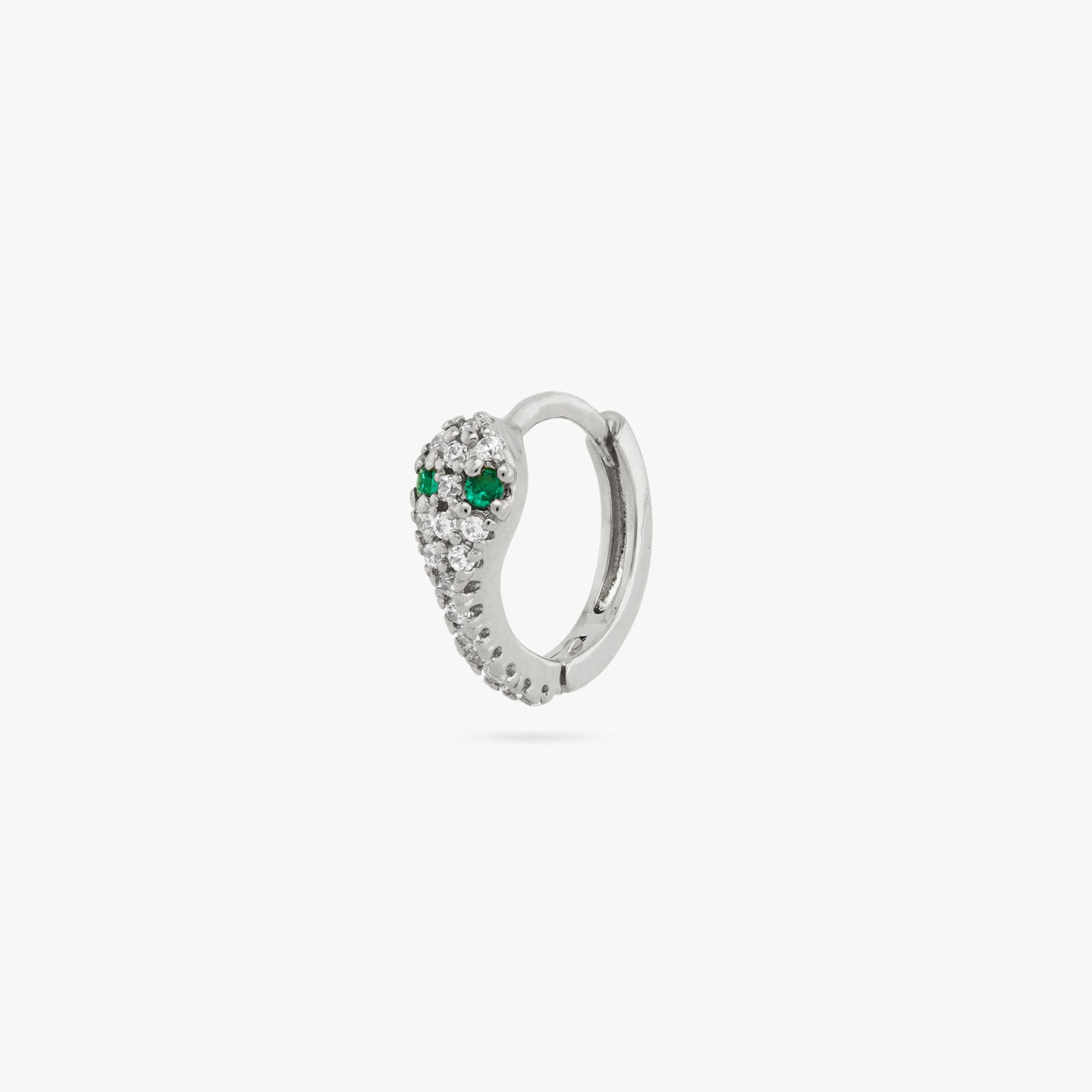 Silver pave gem lined serpent shaped huggie with green CZ eyes. color:null|silver/clear