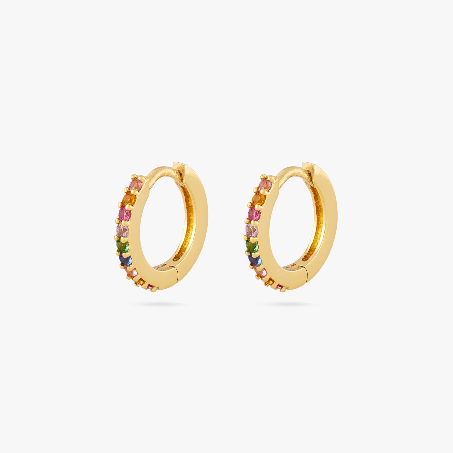 A pair of mini gold huggies lined with multicolored cz gems on the front [pair] color:null|gold/multi