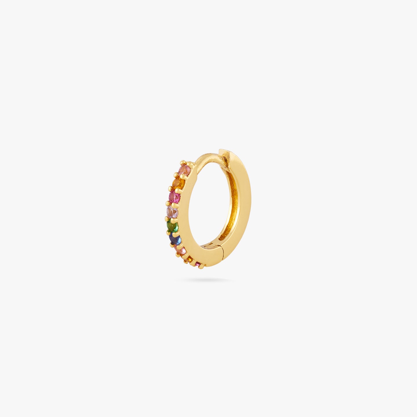 A mini gold huggie lined with multicolored cz gems on the front color:null|gold/multi