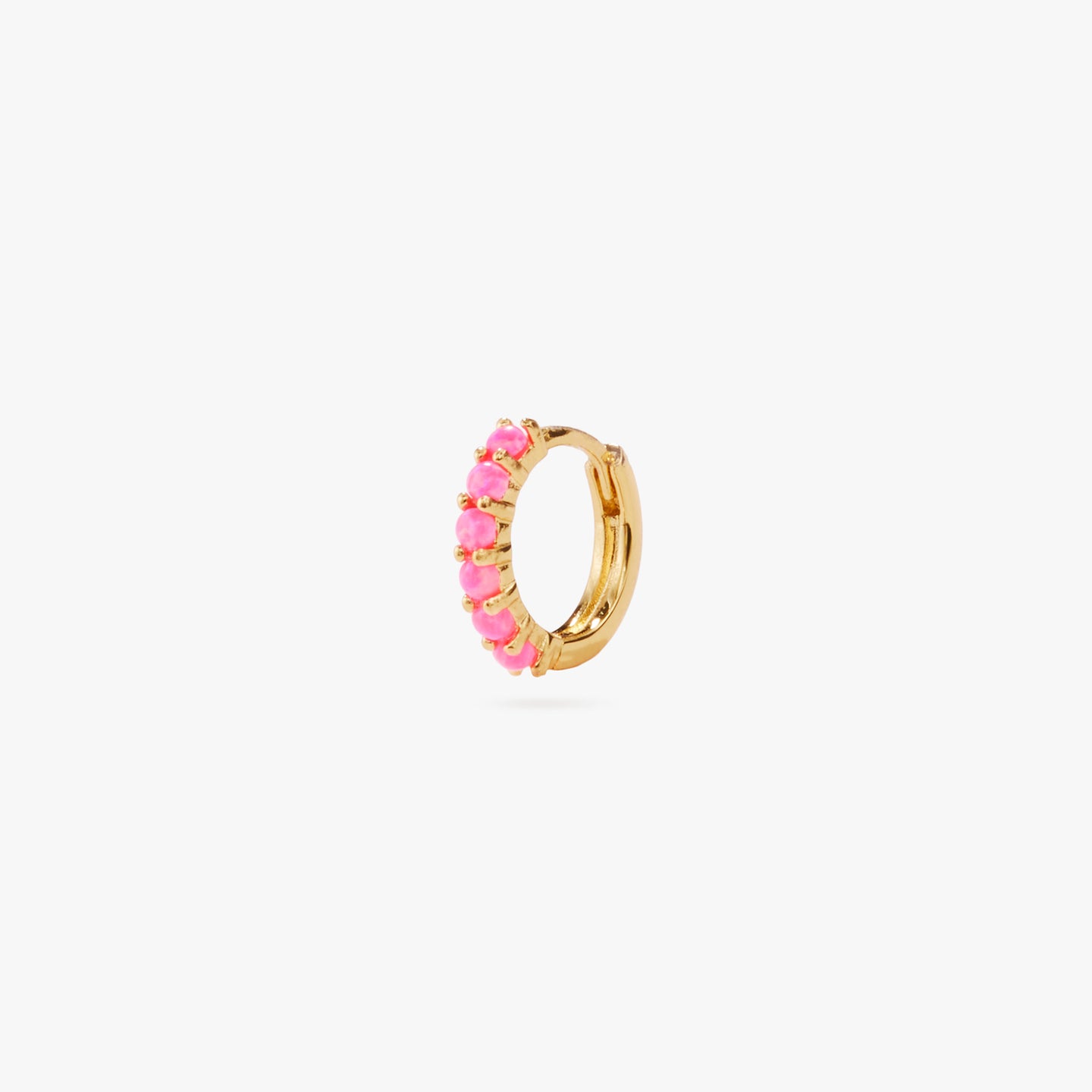 This is a gold huggie with large pink opal pavé color:null|gold/pink opal