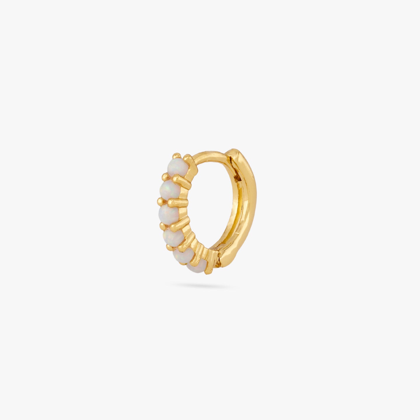 This is a gold huggie with large opal pavé color:null|gold/opal