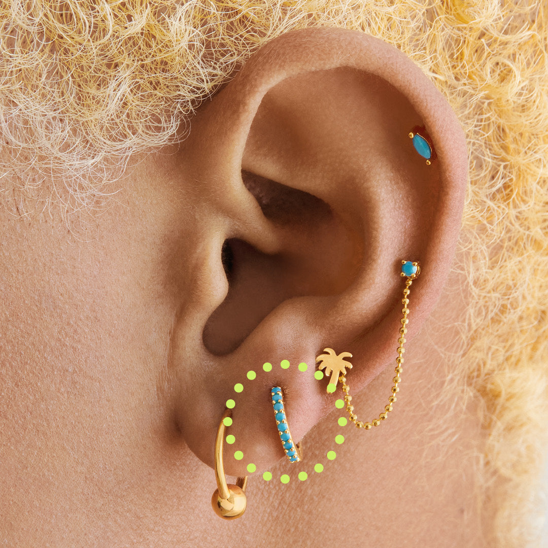 A pair of gold/turquoise 8mm mini pave huggies [hover] color:null|gold/turquoise