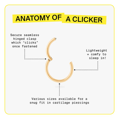 Anatomy of a clicker. Secure seamless hinged clasp which clicks when once fastened. Various sizes available.