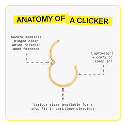 Anatomy of a clicker. Secure seamless hinged clasp which clicks when once fastened. Various sizes available.