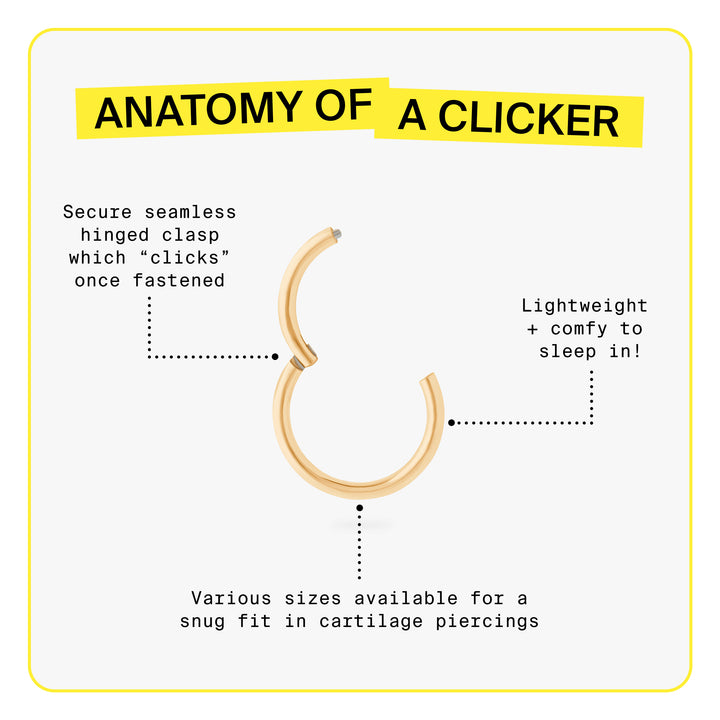 Anatomy of a clicker. Secure seamless hinged clasp which clicks when once fastened. Various sizes available.