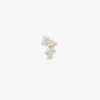 This image shows the front view of a 14k yellow gold pear cluster flatback with three clear cz stones 