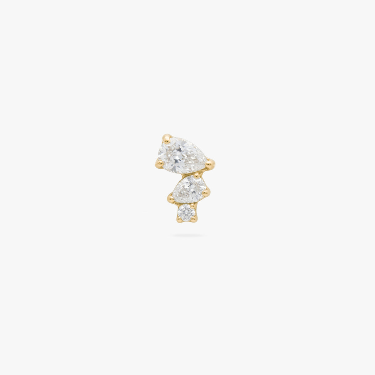 This image shows the front view of a 14k yellow gold pear cluster flatback with three clear cz stones 
