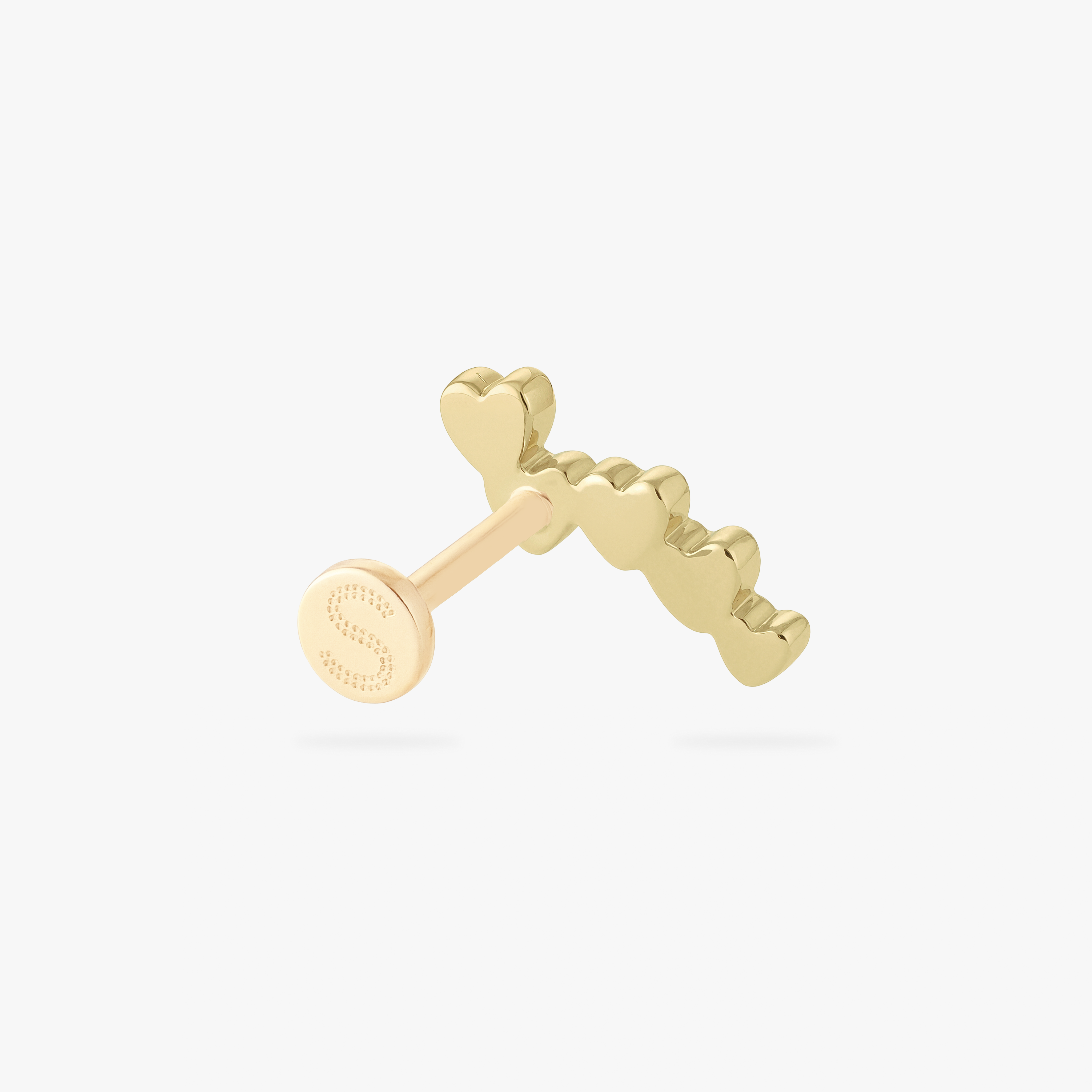 gold heart cluster flatback stud from the back angle with a 6mm back with an 'S' engraved
