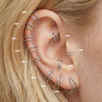 On ear image with all silver double clicker sizes highlighting sizes 5mm to 10mm