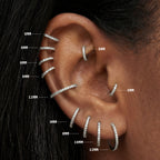 Close up ear image with all sizes of silver pave clickers, showing sizes from 5mm to 12mm