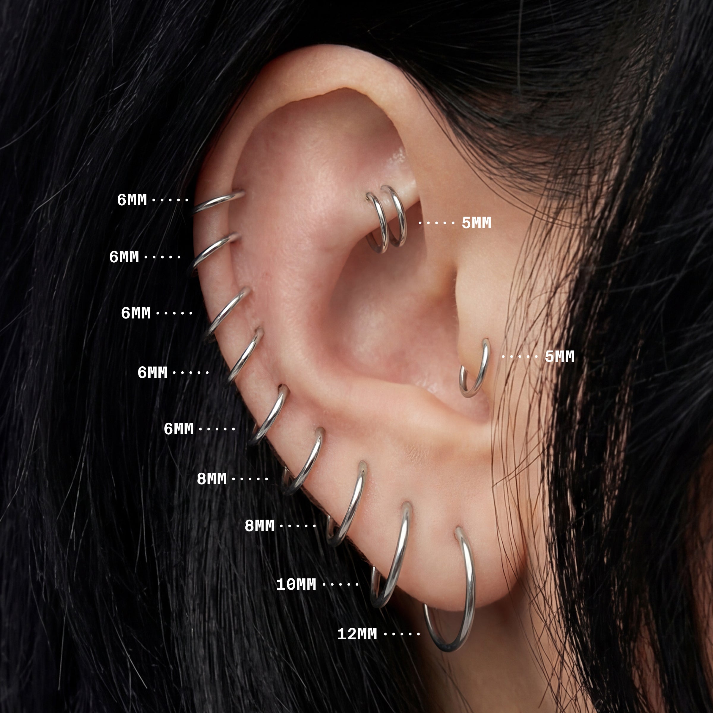 On ear image with all silver clicker sizes highlighting sizes 5mm to 12mm - Alternative view 3