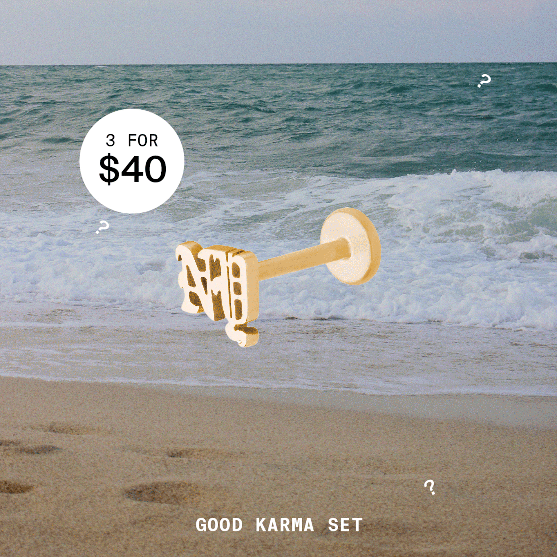 Good Karma Mystery Set that includes 3 earrings for $40. The image features a gif of styles you could receive on top of a beach landscape.