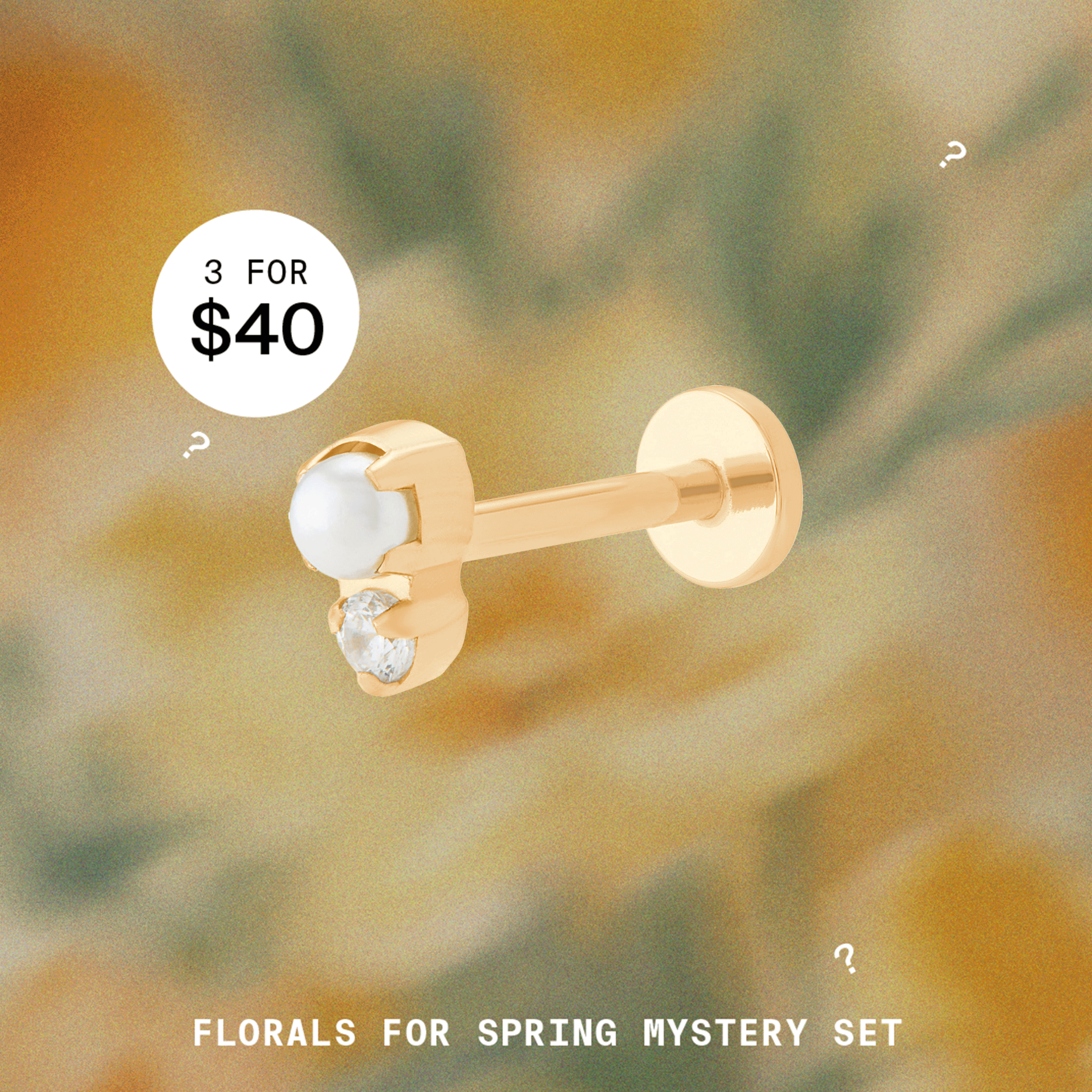 Florals for Spring Mystery Set featuring 3 gold styles for $40. Image shows an assortment of gold earrings over a gradient background. 