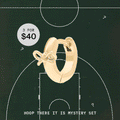 Hoop There it is Mystery Set featuring 3 gold huggies for $40. Image shows an assortment of gold huggies over a basketball court. 