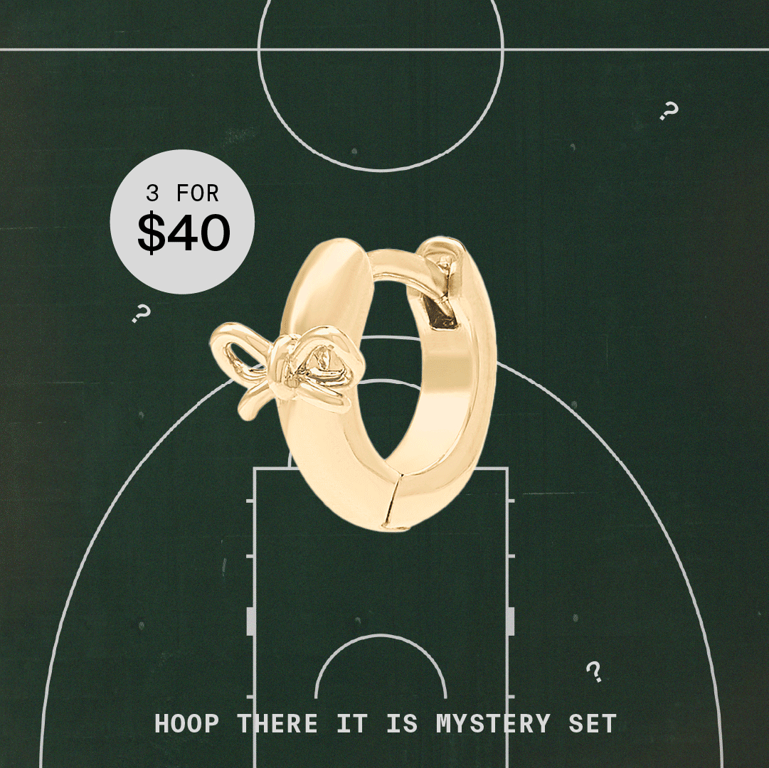 Hoop There it is Mystery Set featuring 3 gold huggies for $40. Image shows an assortment of gold huggies over a basketball court. 
