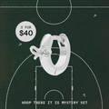 Hoop There it is Mystery Set featuring 3 silver huggies for $40. Image shows an assortment of silver huggies over a basketball court. 