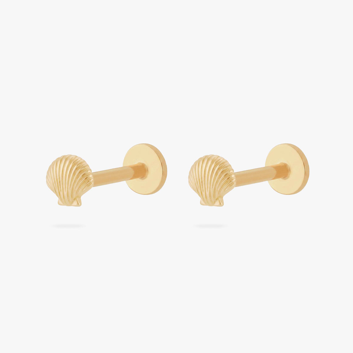 This image shows the front view of a pair of 14k gold shell flat back earrings