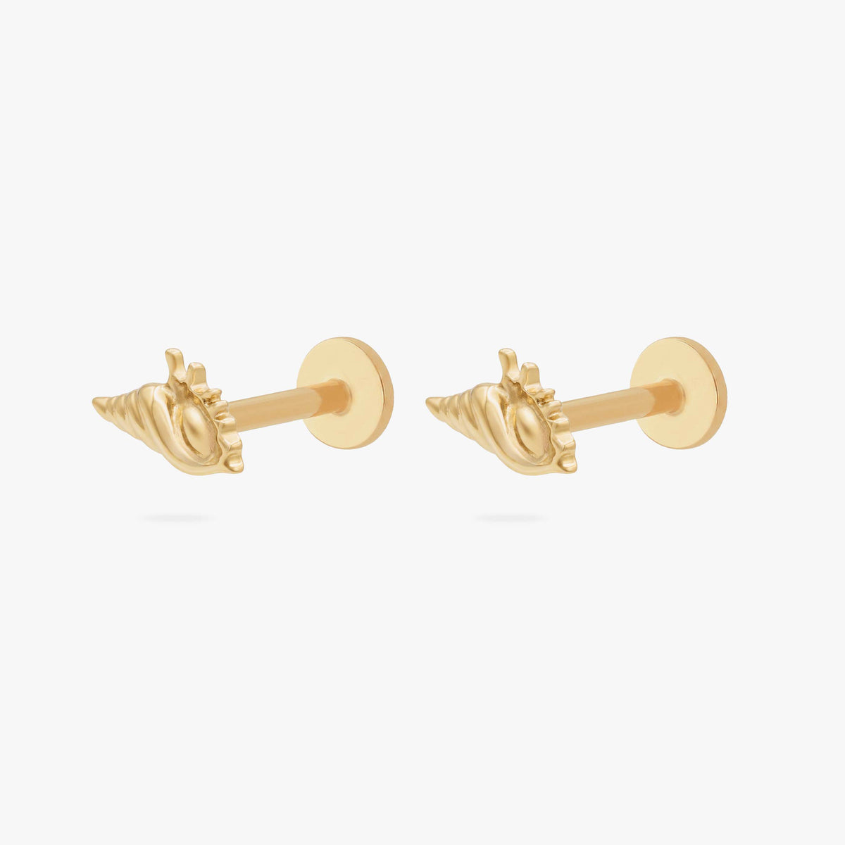 This image shows the front view of a pair of 14k conch shell flat back earrings