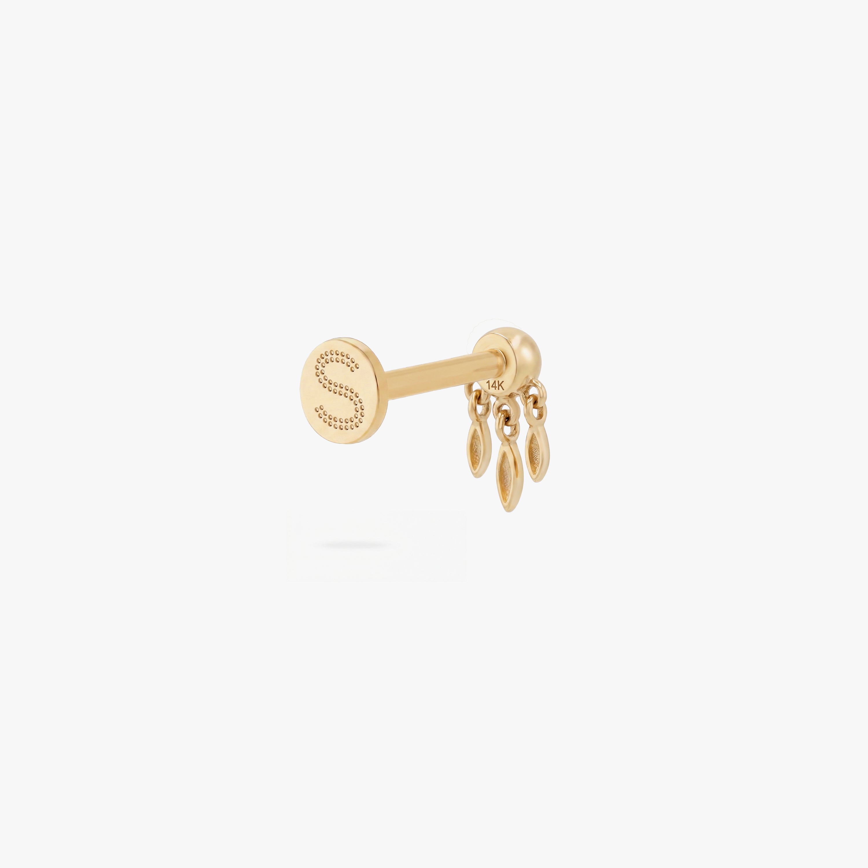 This image shows the back view of a 14k clear cz bezel flat back with three fringe dangles