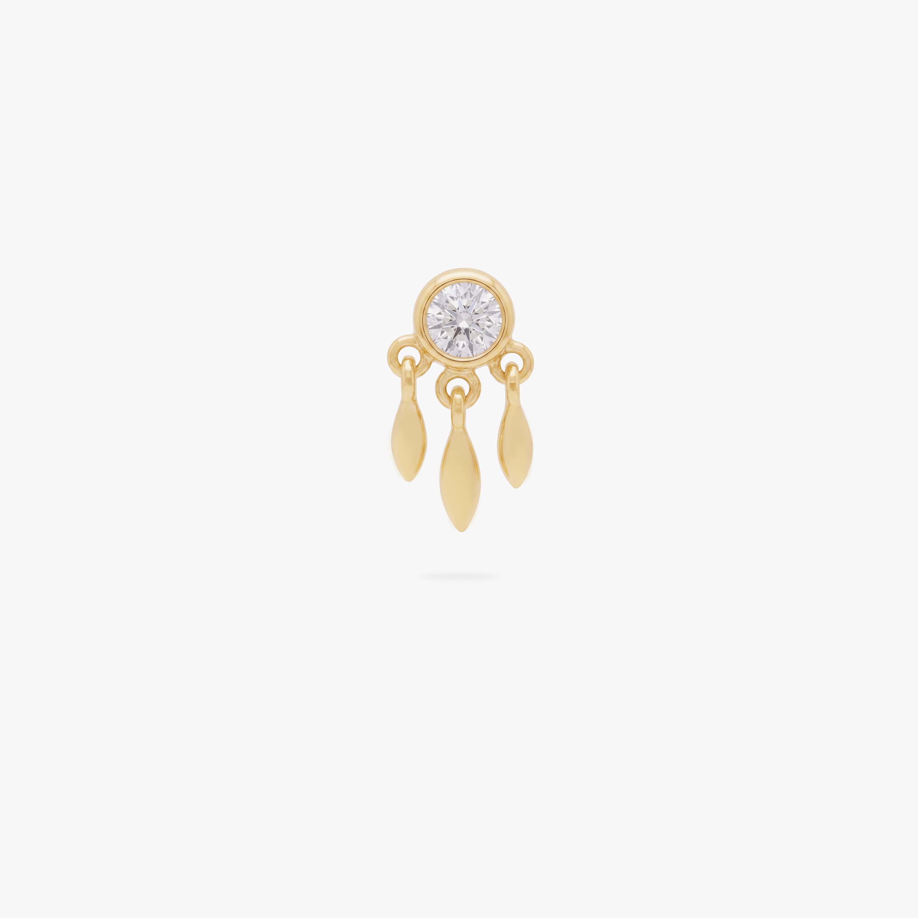 This image shows the front view of a 14k clear cz bezel flat back with three fringe dangles 