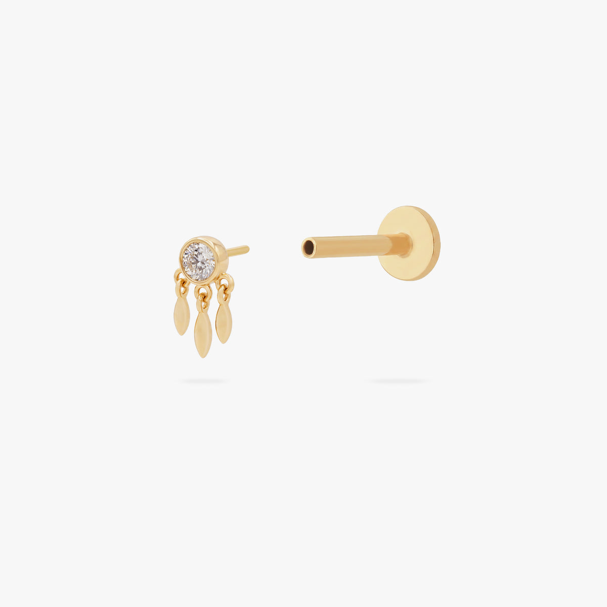 This image shows the side open view of a 14k clear cz bezel flat back with three fringe dangles 