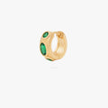 this image shows the front of a 14k gold plated huggie with three green circular cz stones