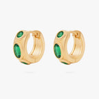 this image shows the front of a pair of 14k gold plated huggie with three green circular cz stones