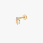 This image shows the side view of a 14k clear cz bezel flat back with three fringe dangles 