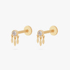 This image shows the front view of a pair of 14k clear cz bezel flat back with three fringe dangles 