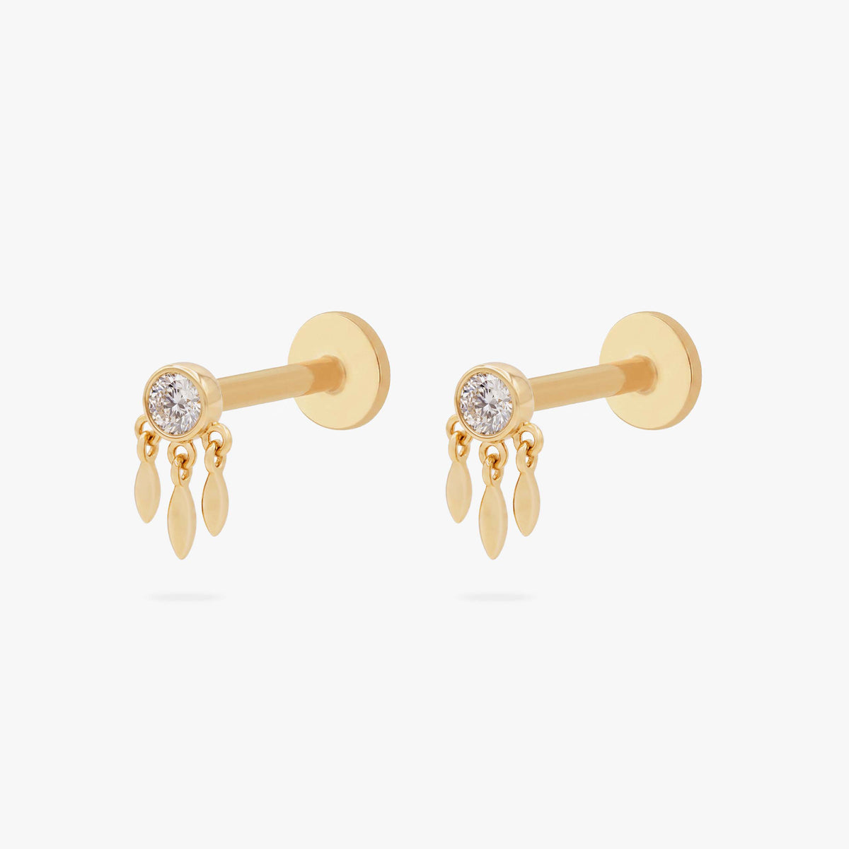 This image shows the front view of a pair of 14k clear cz bezel flat back with three fringe dangles 