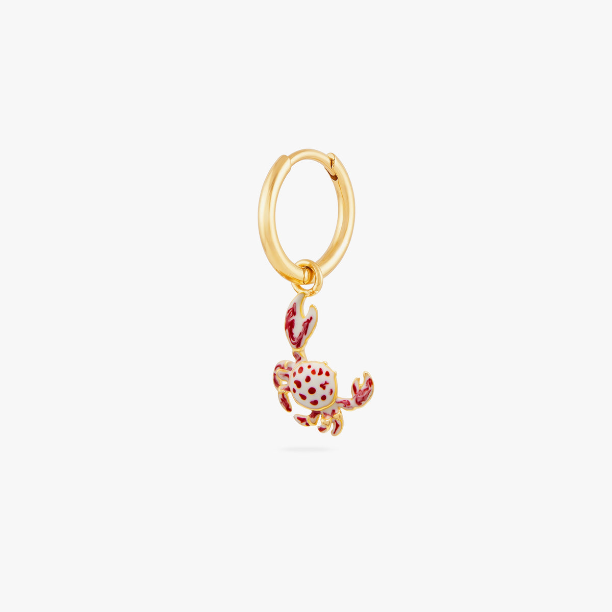  This image shows a 14k gold plated huggie earring with a crab charm with red spots. 