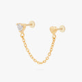 Anodized titanium gold chain connector earring flat back featuring a heart CZ stud and another heart stud linked by a delicate gold chain.
