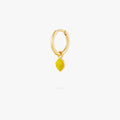 This image shows a 14k gold plated huggie with a yellow lemon charm. 