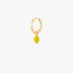 This image shows a 14k gold plated huggie with a yellow lemon charm. 