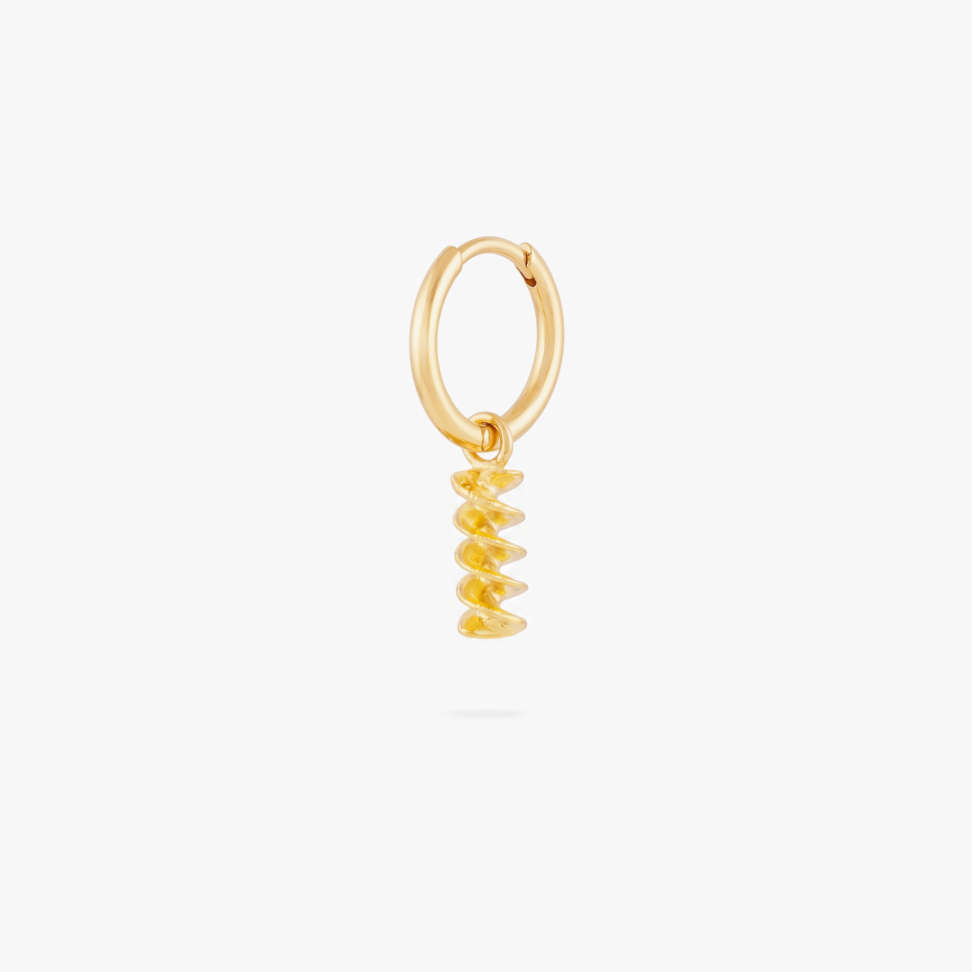 this image shows a 14k gold plated huggie with a twisted pasta charm.