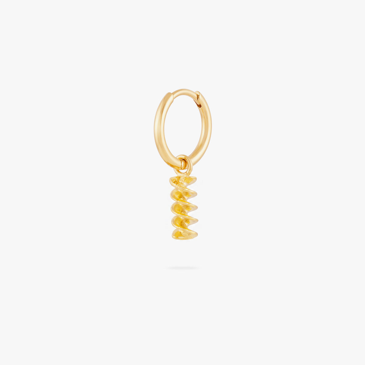 this image shows a 14k gold plated huggie with a twisted pasta charm. 