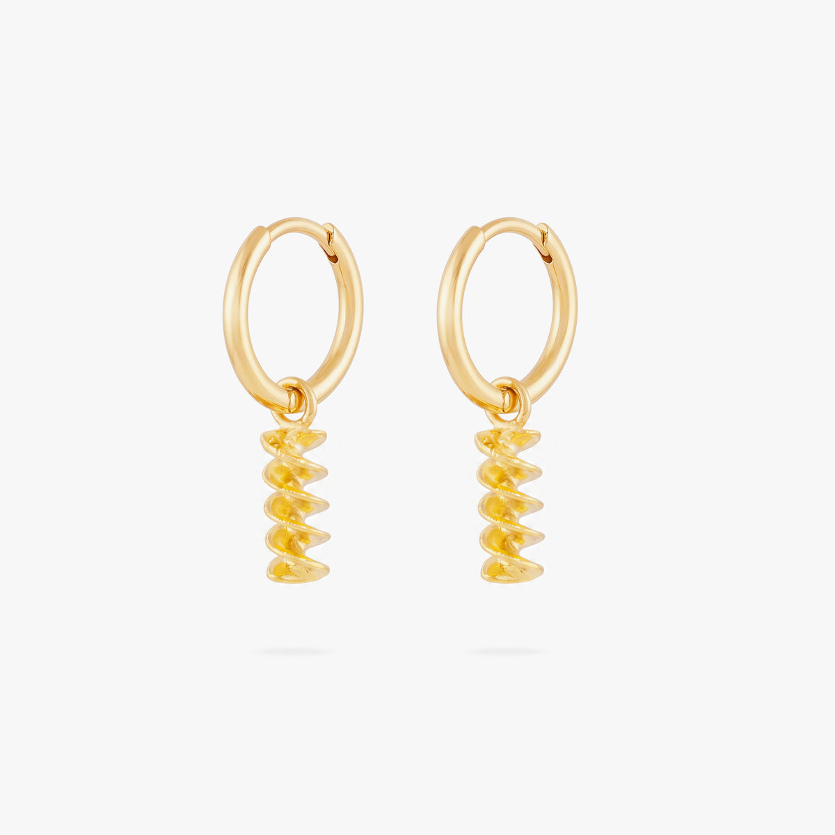 This image shows a pair 14k gold plated huggies with twisted pasta charms. 
