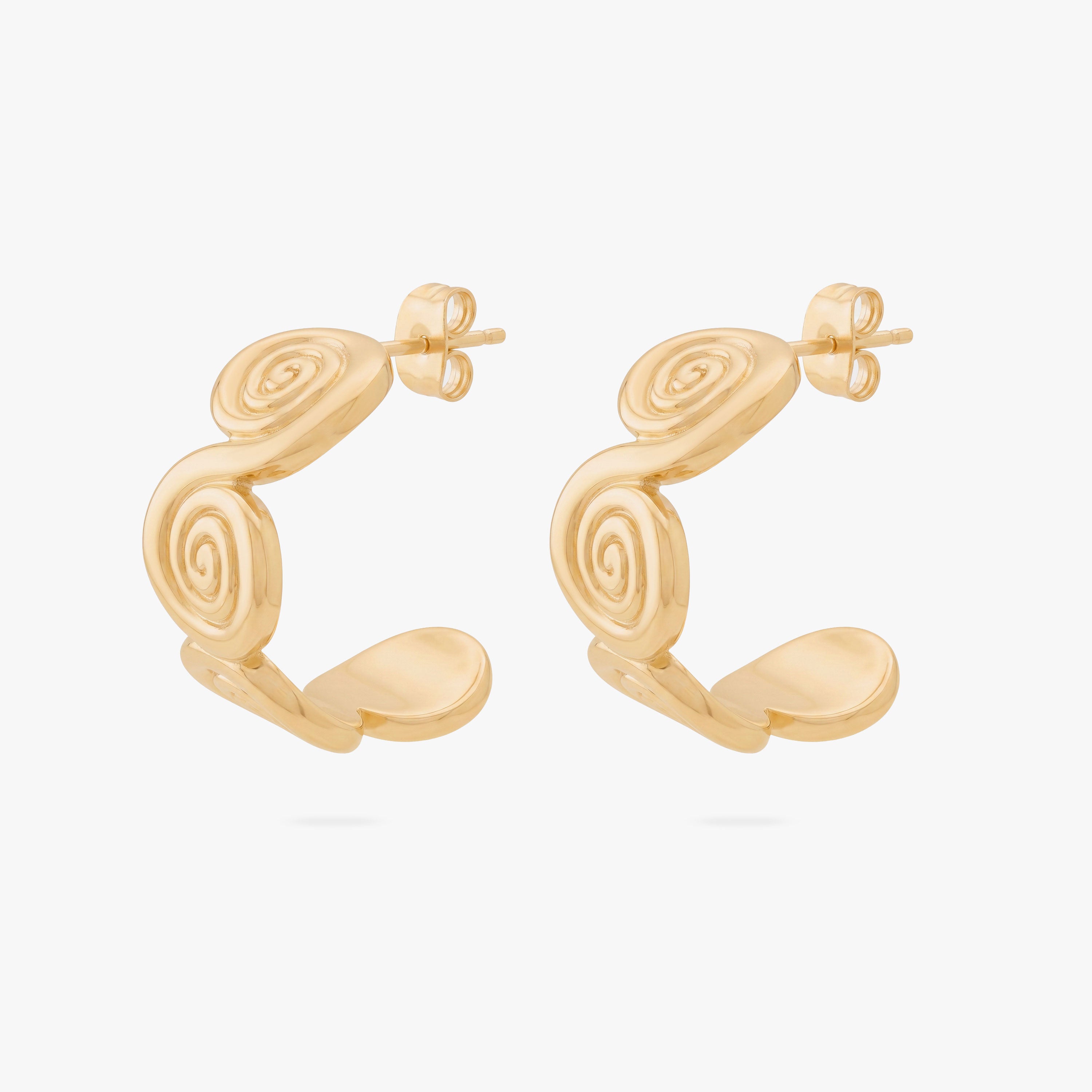 This image shows the front view of a pair of 14k gold plated hoops with spirals along the front