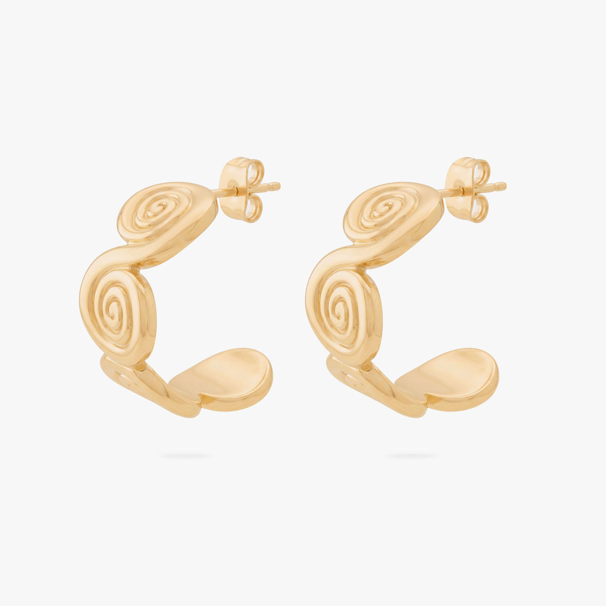 This image shows the front view of a pair of 14k gold plated hoops with spirals along the front 