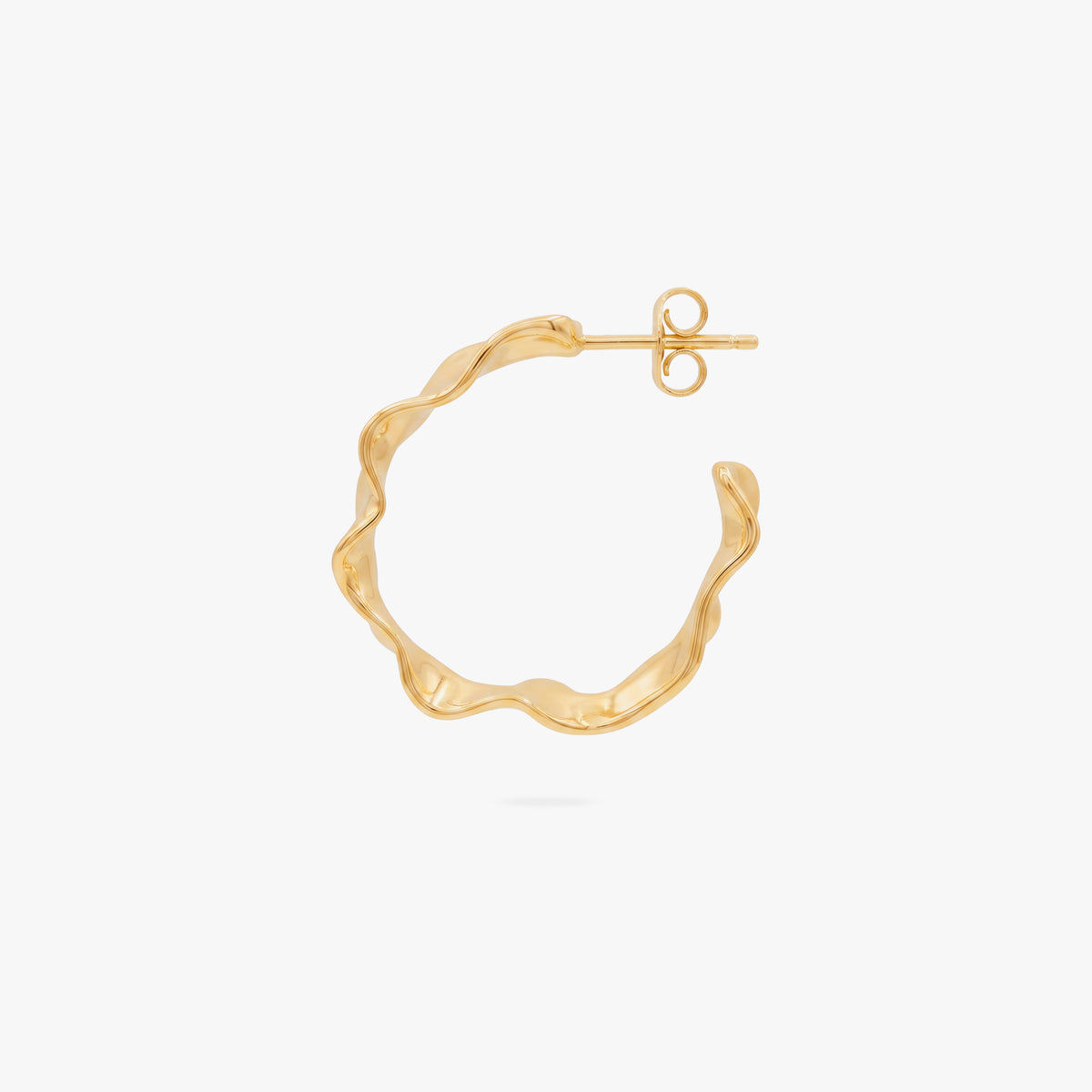 This image shows the profile view of a 14k gold plated hoop with an organic shape around the hoop 